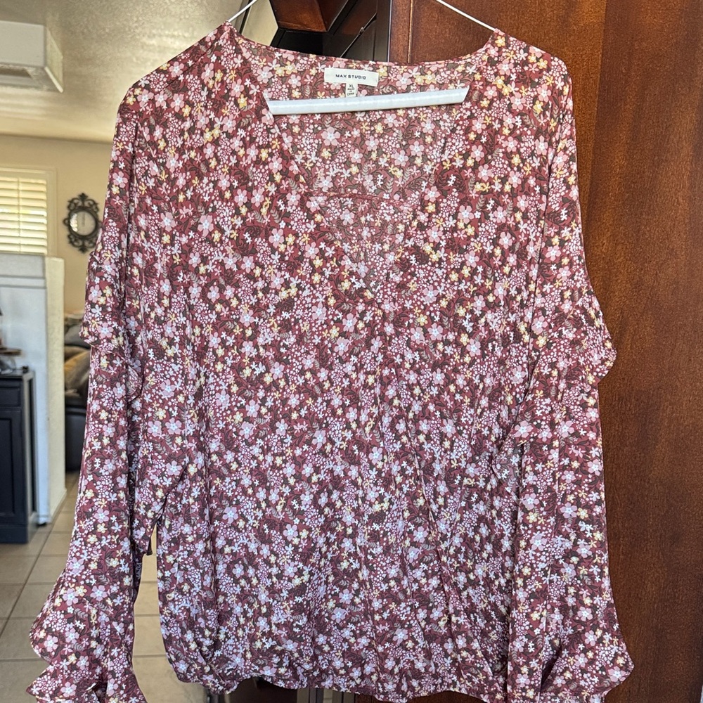 Max Studio Floral Blouse - Burgundy and White